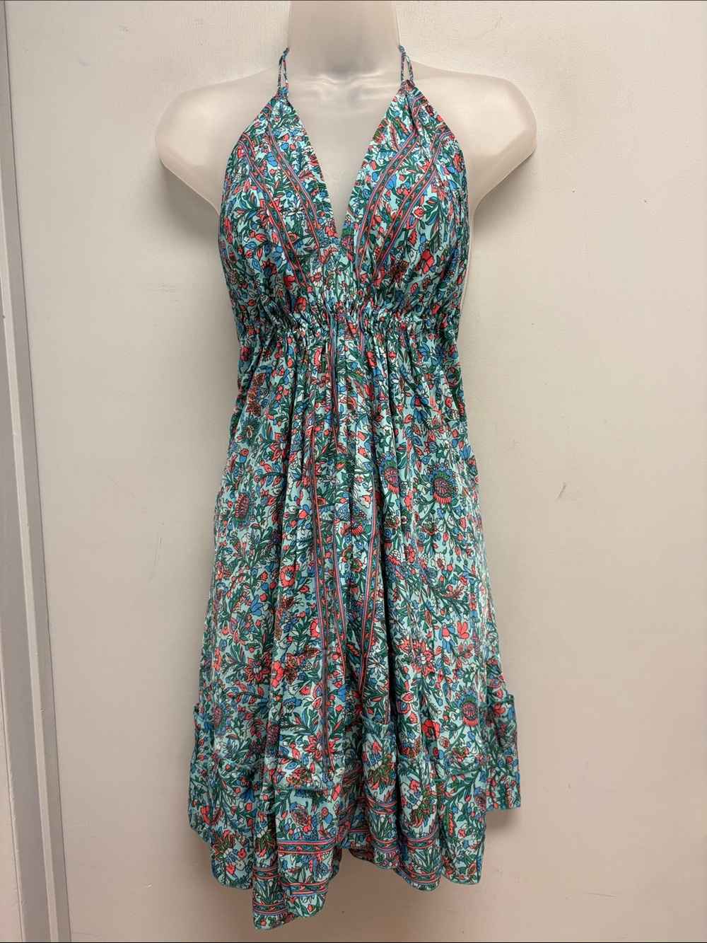 Palak Floral Halter Mini Dress Open Back One Size